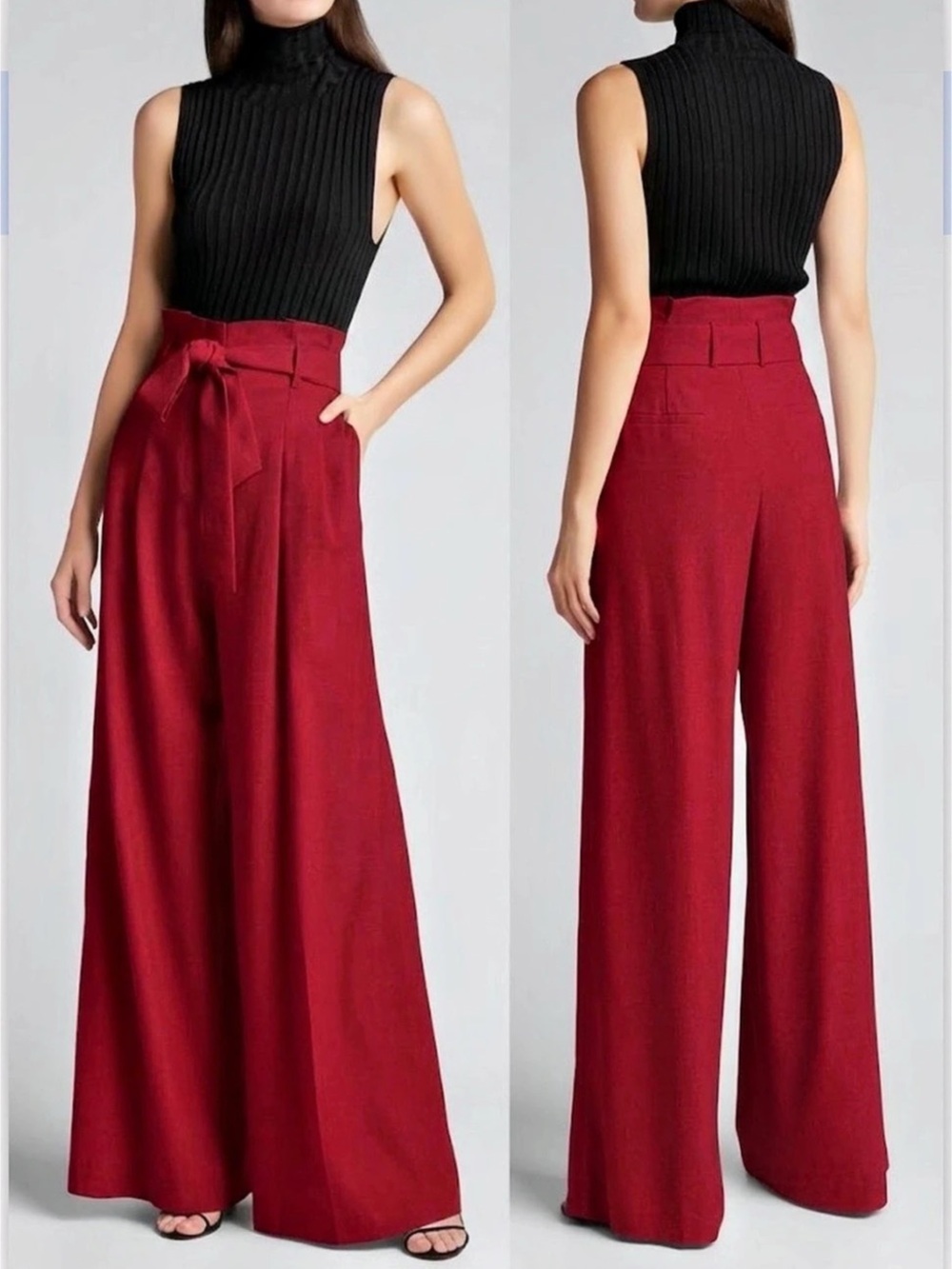 Lafayette 148 Pants Womens 12 Red Wide Leg Palazzo High Rise Belted Pleated